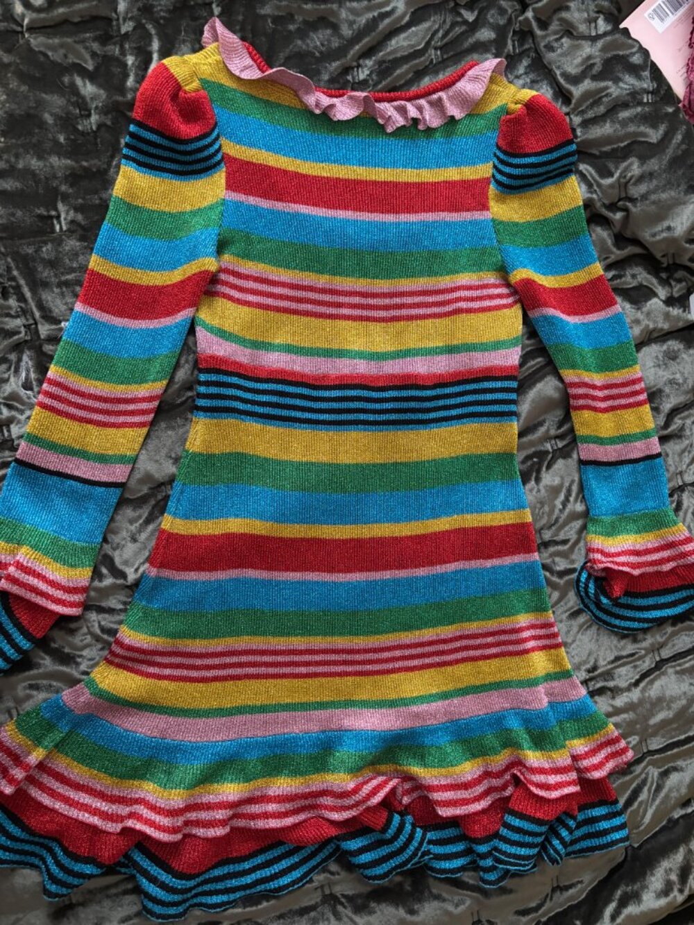 MOSCHINO 2019 Metallic Rainbow Striped Ruffled Knit Mini Dress - Picture 8 of 10
